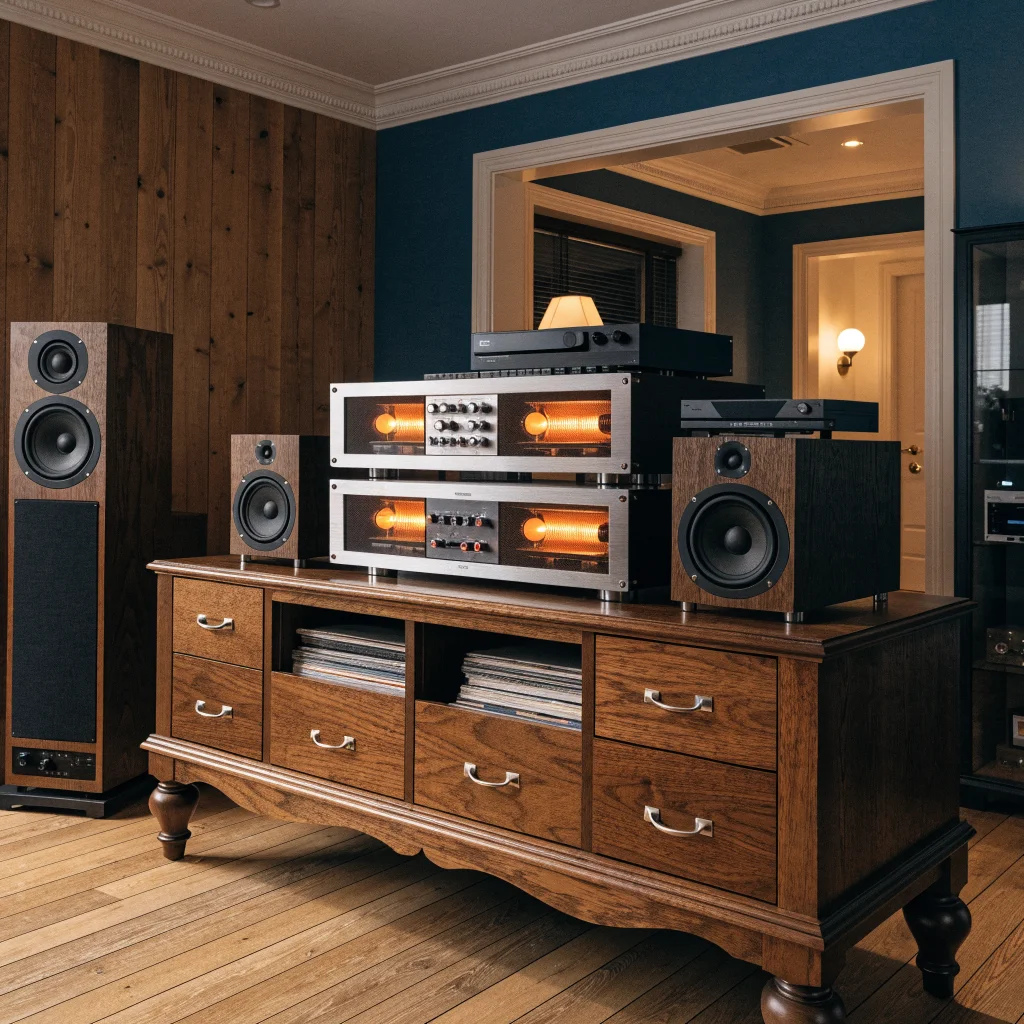 A high-quality audio amplifier setup with stereo tube amplifiers, active and passive speakers, and home theater components connected by premium sound cables.