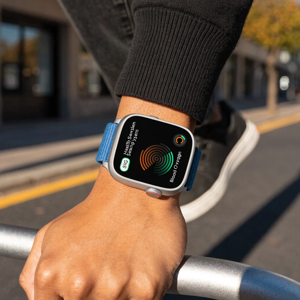 Realistic photo of an Apple Watch Series 12 displaying the new health sensing system and 5G connectivity features on its LTPO3 screen.