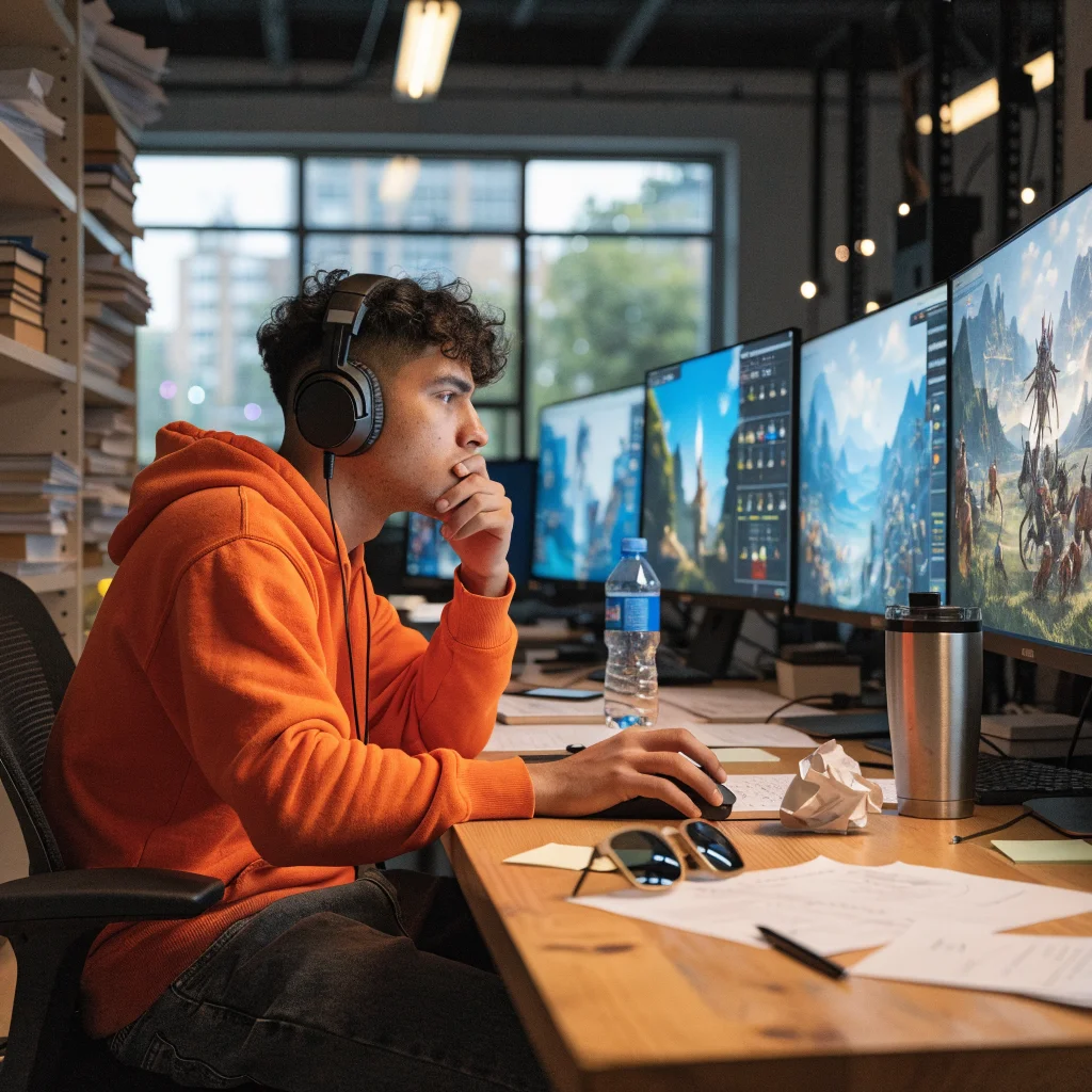 A realistic photo of a game developer working at a computer, surrounded by Total War Warhammer 3 mod artwork and AI-generated graphics on multiple screens.