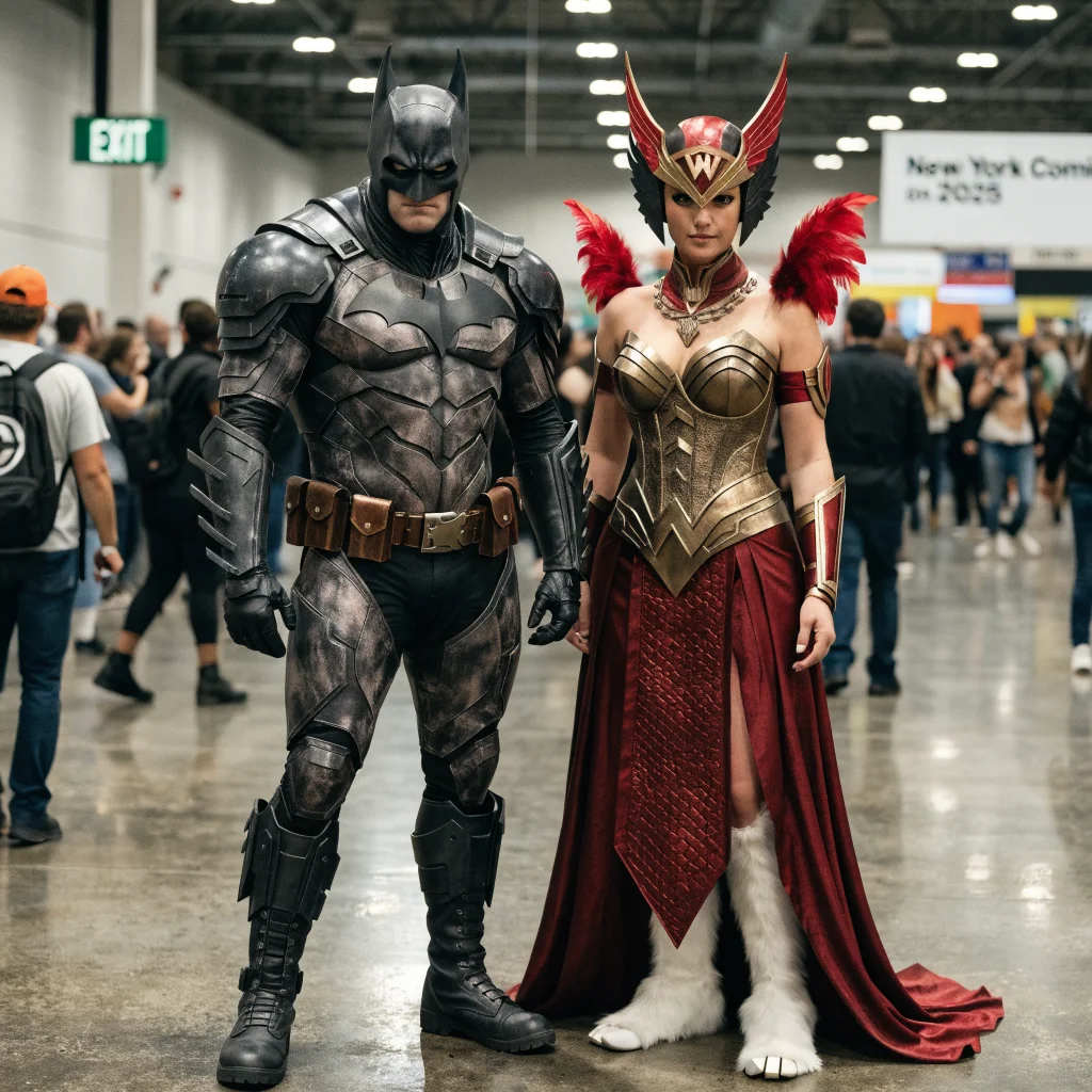 A realistic photo of Batman and Wonder Woman cosplayers at New York Comic Con 2025, showcasing DC Absolute Universe themed costumes and remixed character designs.