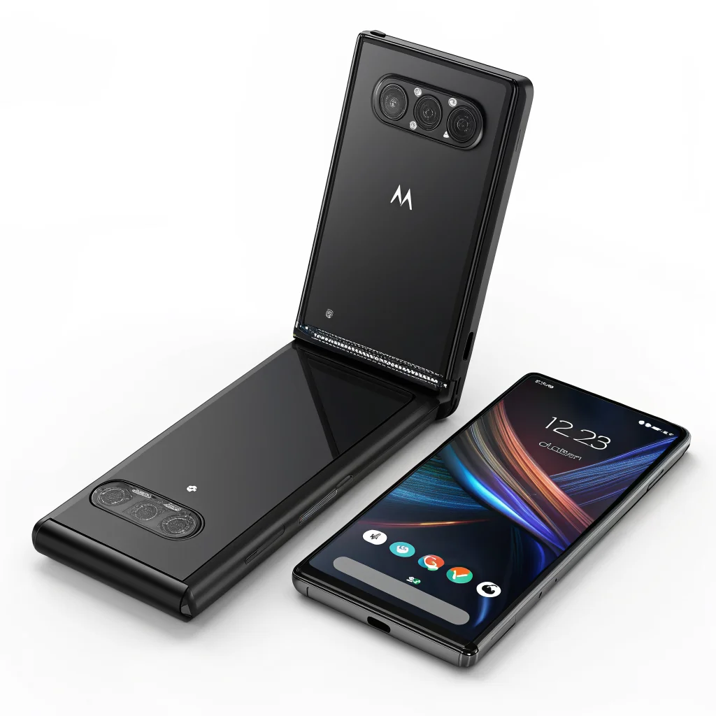 A mid-sized Motorola Razr Flex foldable smartphone with a 6.92-inch OLED screen, 50MP camera, Snapdragon 8 Gen 5, shown beside a Pixel 10 for comparison.