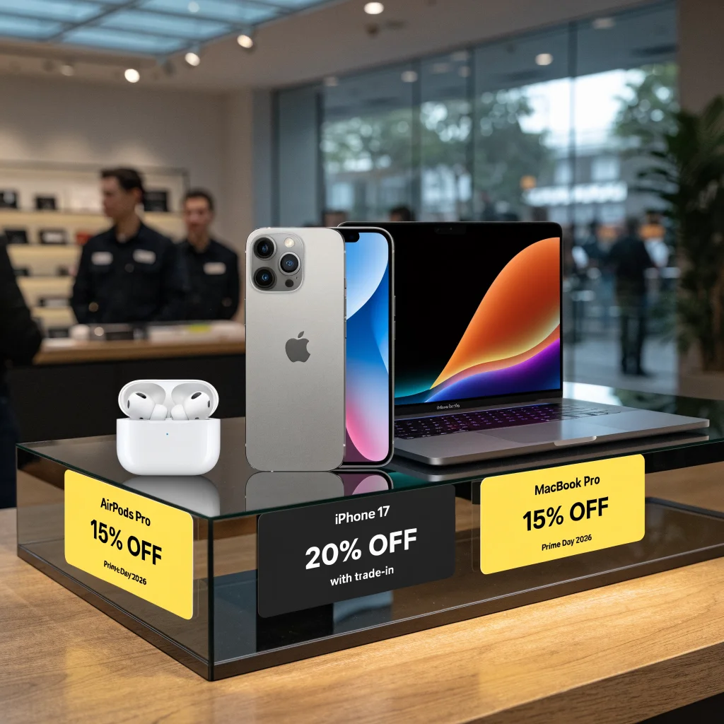 A realistic photo of AirPods Pro, iPhone 17, and MacBook Pro displayed with Prime Day 2026 discount tags in an Apple Store setting.