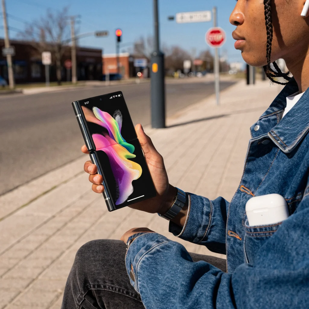 A high-end Galaxy Z Fold 8 Android foldable smartphone with a 6.7-inch display held in a user's hand, showcasing its premium design and user experience.