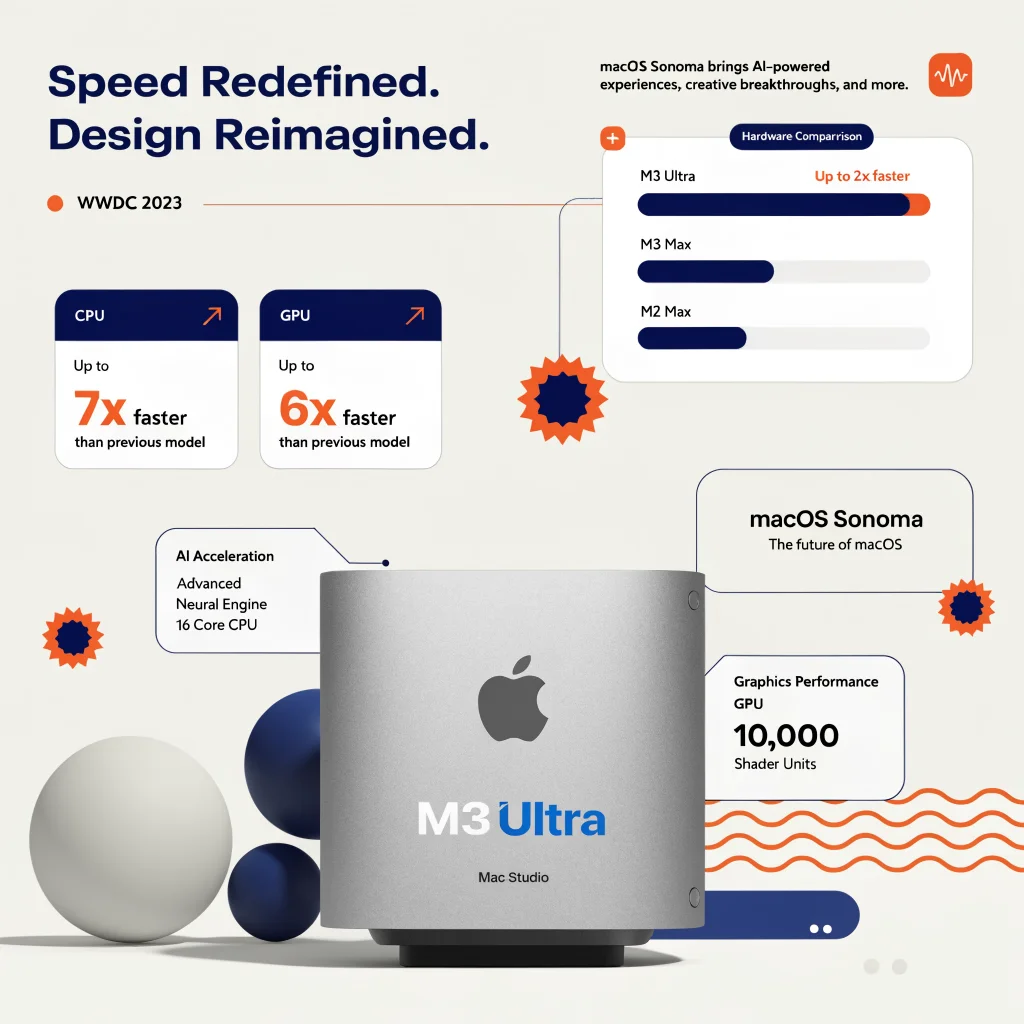 A sleek aluminum Mac Studio showcasing the M3 Ultra chip, emphasizing speed and modern design, displayed at WWDC 2023 event with hardware comparisons.