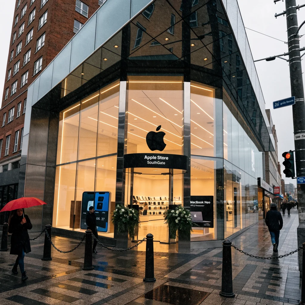 A modern Apple Store in SouthGate, UK, reopening event featuring the new foldable iPhone Duo with dual screens and iOS 27, showcasing a MacBook Neo.