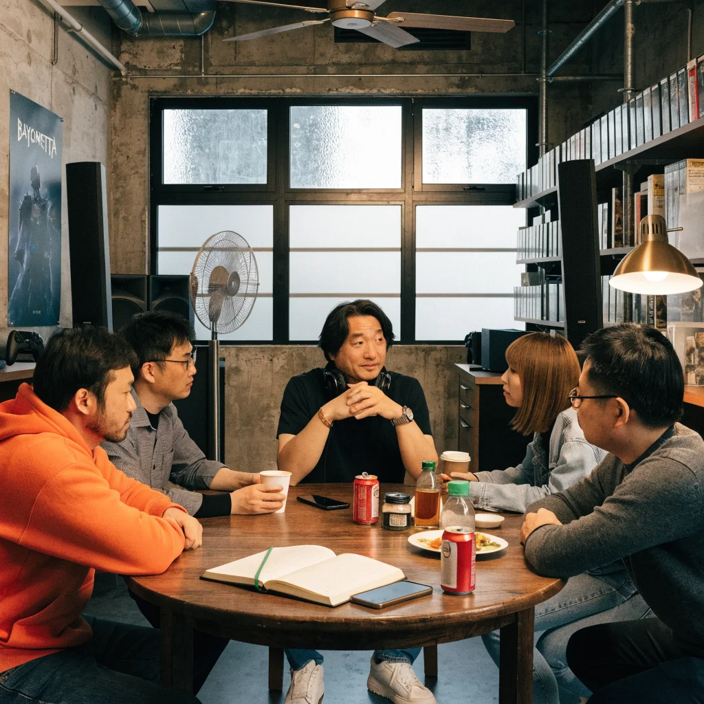 A candid photo of Atsushi Inaba discussing game development with the PlatinumGames team, surrounded by Nintendo and Xbox consoles and Bayonetta artwork.