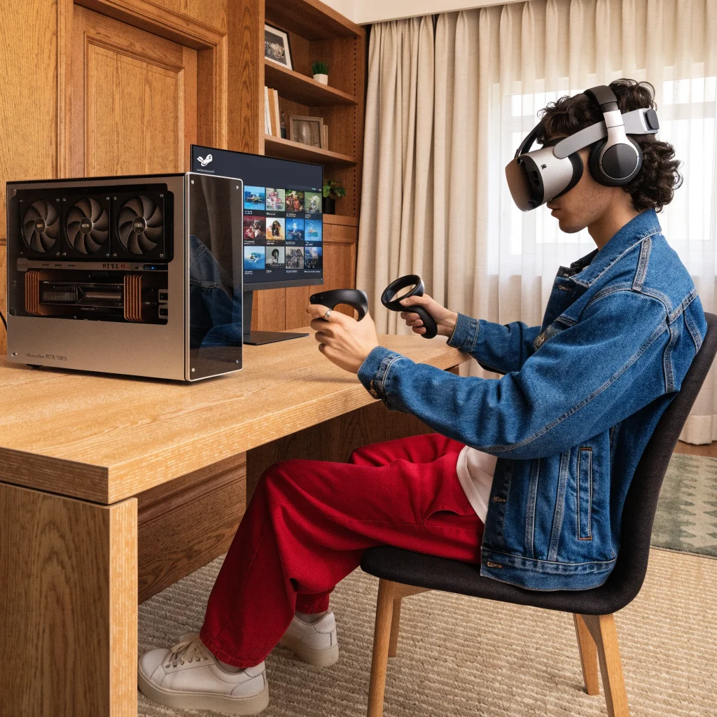 A realistic photo of an Apple Vision Pro headset wirelessly streaming Steam VR games from a PC with Nvidia RTX 5070 using Wi-Fi in a modern gaming setup.