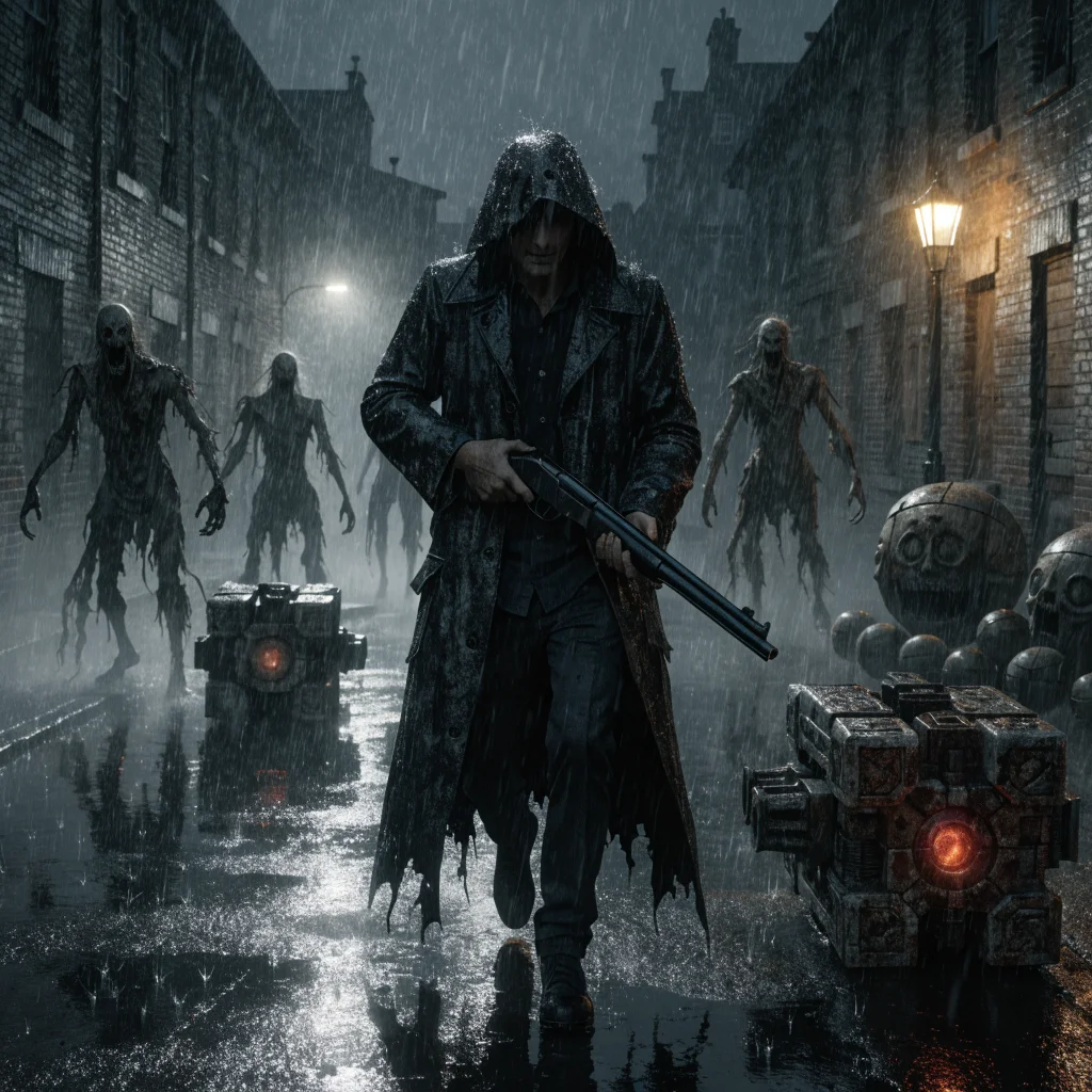 A dark, atmospheric photo of Richard from Silent Hill Townfall holding a shotgun, surrounded by Widow monsters and eerie, interactive puzzle elements.