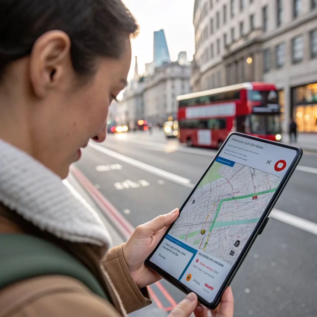 A realistic photo of a person using Google Maps navigation on a Samsung Galaxy Z Fold 8 Ultra to check London bus routes and walking directions amid transport delays.