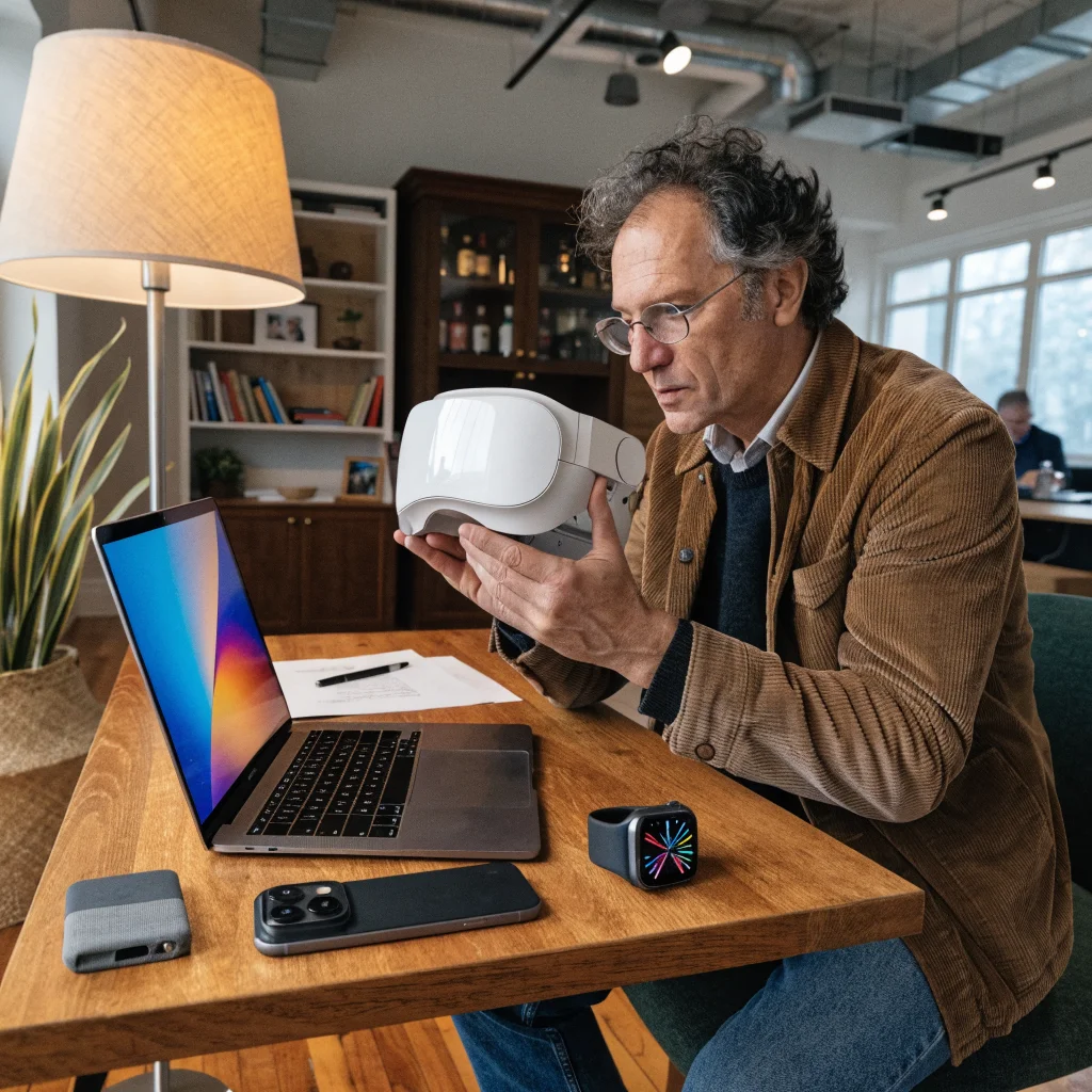 A realistic photo of John Ternus presenting Apple design products like MacBook Neo, iPhone 17, Apple Watch Series 11, and Apple Vision Pro inspired by Steve Jobs' philosophy.