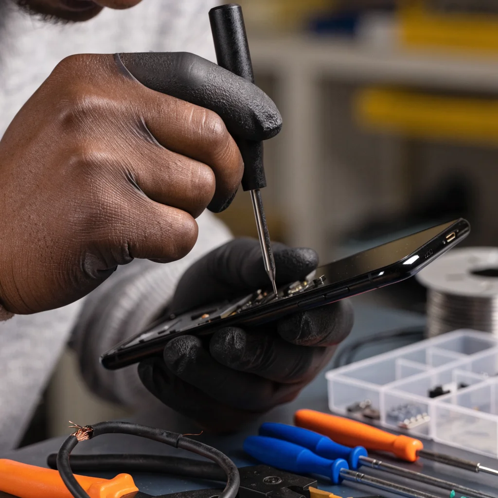 Close-up of a technician repairing a smartphone's USB-C charging port with tools and a damaged USB-C cable visible.