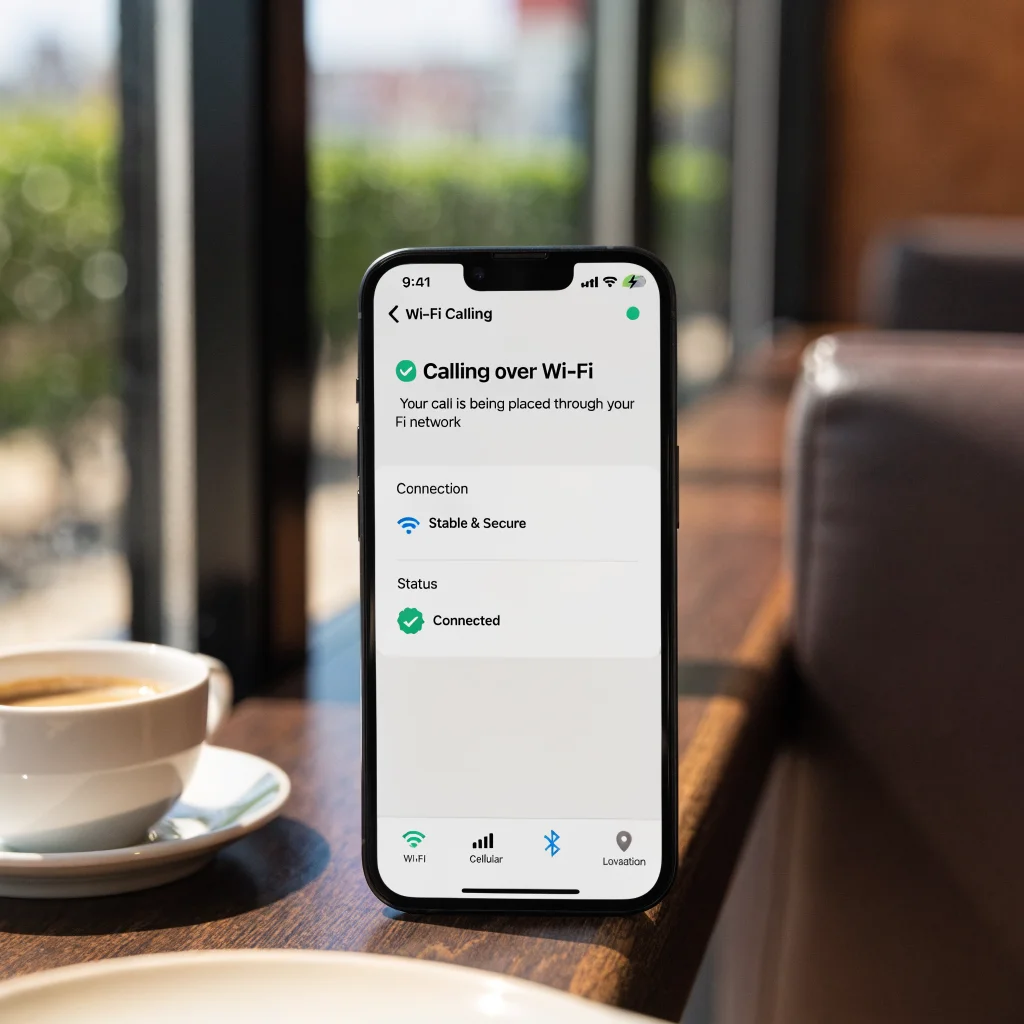 A realistic photo of a modern smartphone displaying a Wi-Fi calling screen with strong connection icons, highlighting secure and stable Wi-Fi network usage.