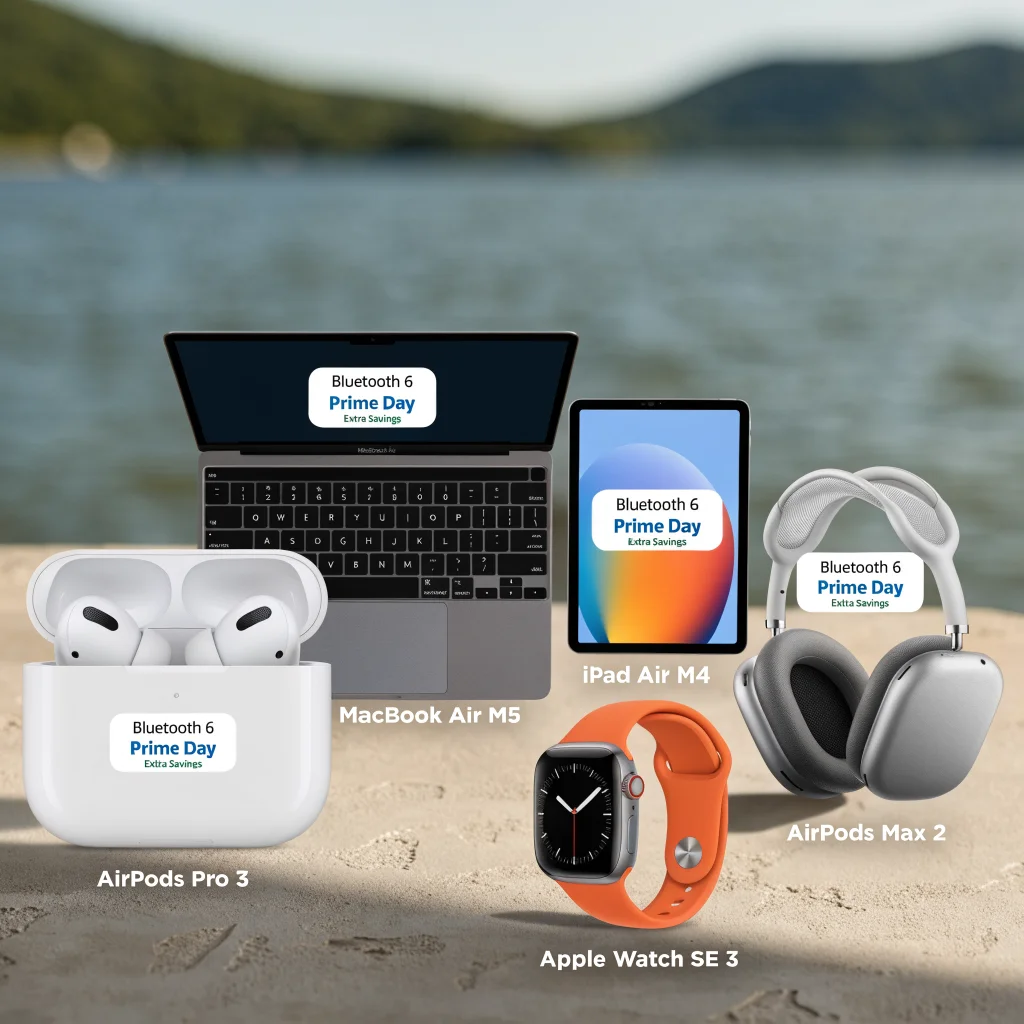 A realistic photo of Apple devices including AirPods Pro 3, MacBook Air M5, iPad Air M4, Apple Watch SE 3, and AirPods Max 2 displayed with Amazon Prime Day discount labels and Bluetooth 6 support icons.