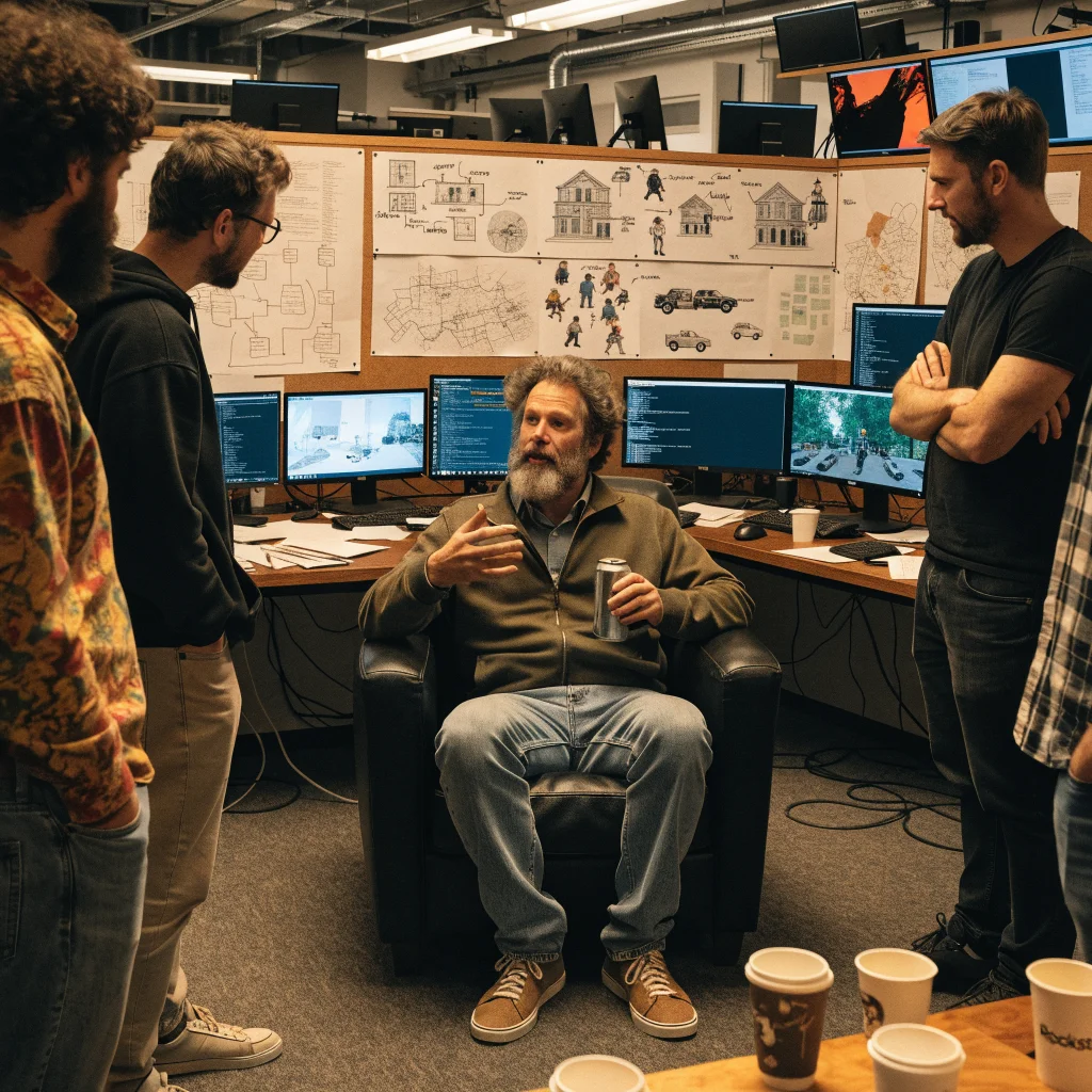 Dan Houser discussing new open-world comedy game projects at Rockstar Games studio, surrounded by Grand Theft Auto concept art and development team.