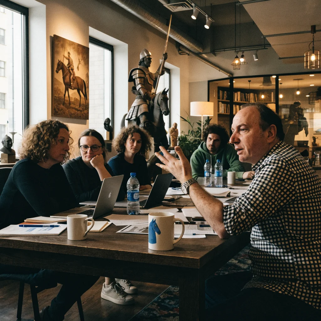 A realistic photo of Martin Klima and the Warhorse Studios team discussing Kingdom Come Deliverance's mature RPG design in a creative studio environment.