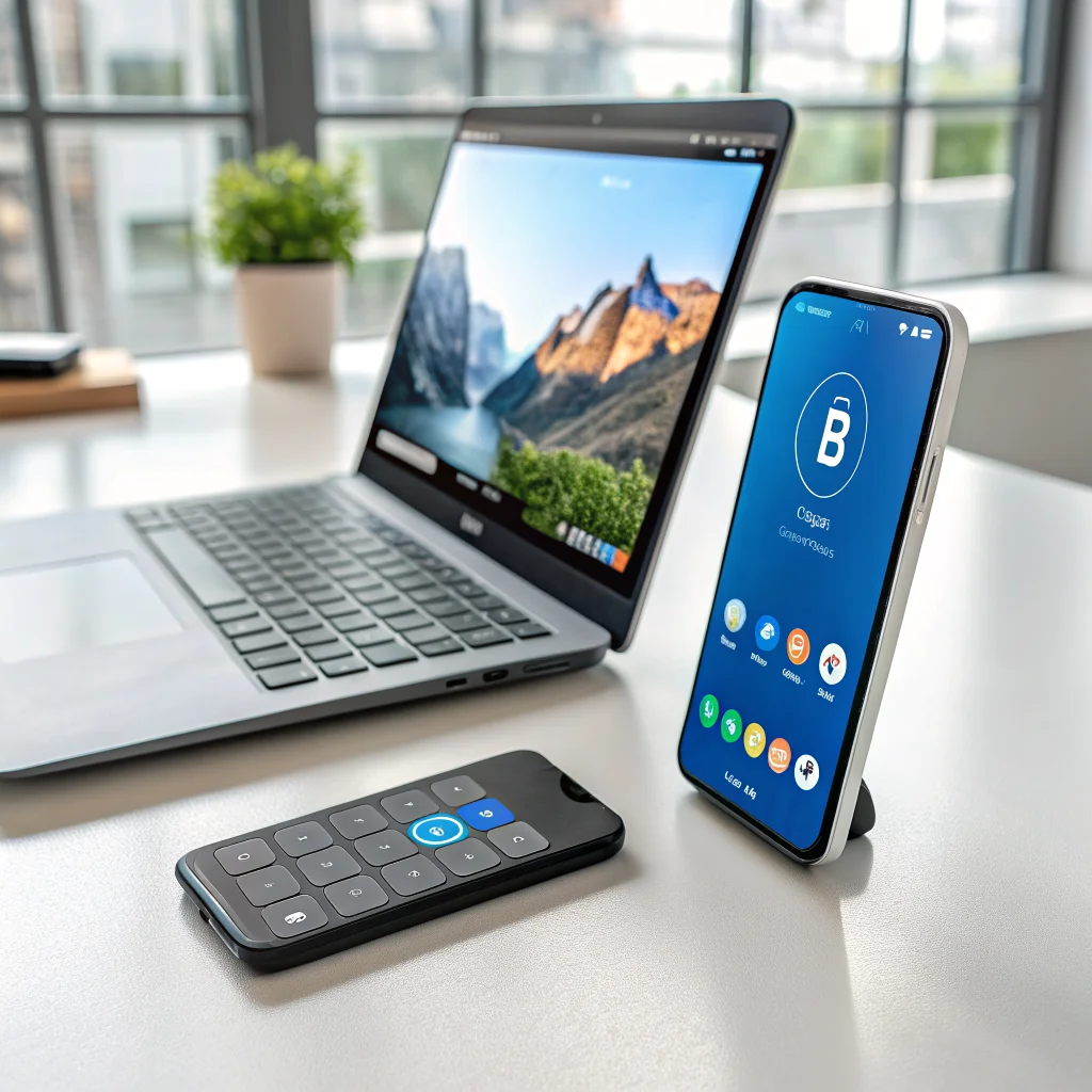 A realistic photo of a Google Pixel 4a smartphone using the Bluke app to wirelessly connect as a Bluetooth keyboard to a PC with Windows and macOS compatibility.
