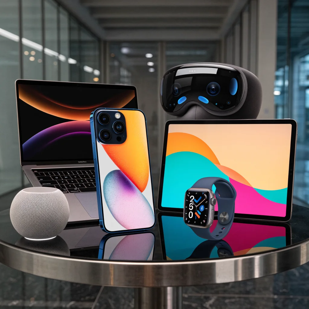 A realistic photo of the latest Apple devices including iPhone 17, MacBook Pro, Apple Watch Series 12, iPad Pro, HomePod mini, and Apple Vision Pro displayed on a sleek table.