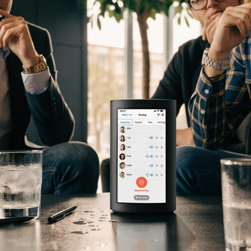 A modern AI voice recording device displaying the Soulog app interface for automatic transcription and voice file organization during a business meeting.
