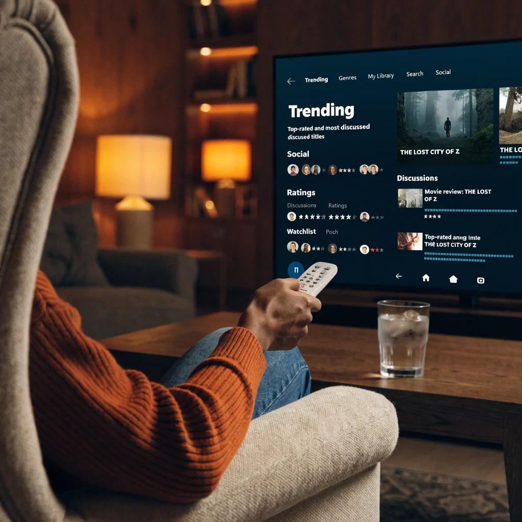 A realistic photo of a person using Plex on an Android TV, interacting with social features like content discovery, ratings, watchlists, and discussions.