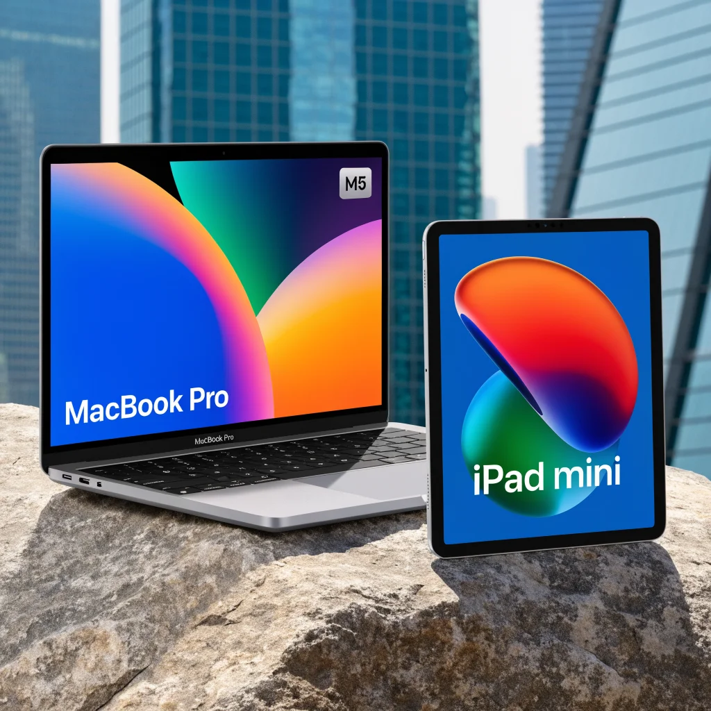 A sleek 2026 MacBook Pro with an OLED touchscreen, lightweight design, and visible Apple M5 chip, displayed beside an iPad mini with vibrant OLED technology.