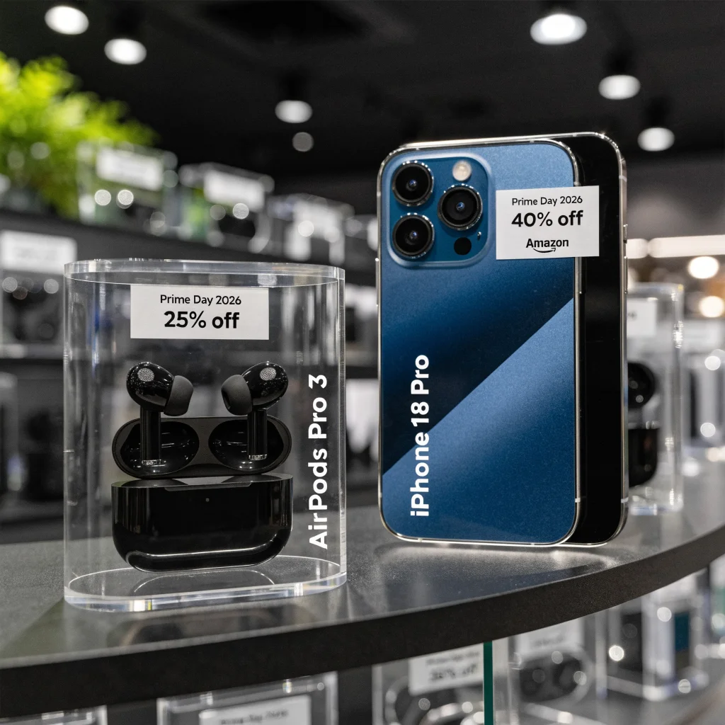 A close-up photo of AirPods Pro 3 and iPhone 18 Pro displayed with Prime Day 2026 sale tags and Amazon discount labels in a sleek tech store setting.