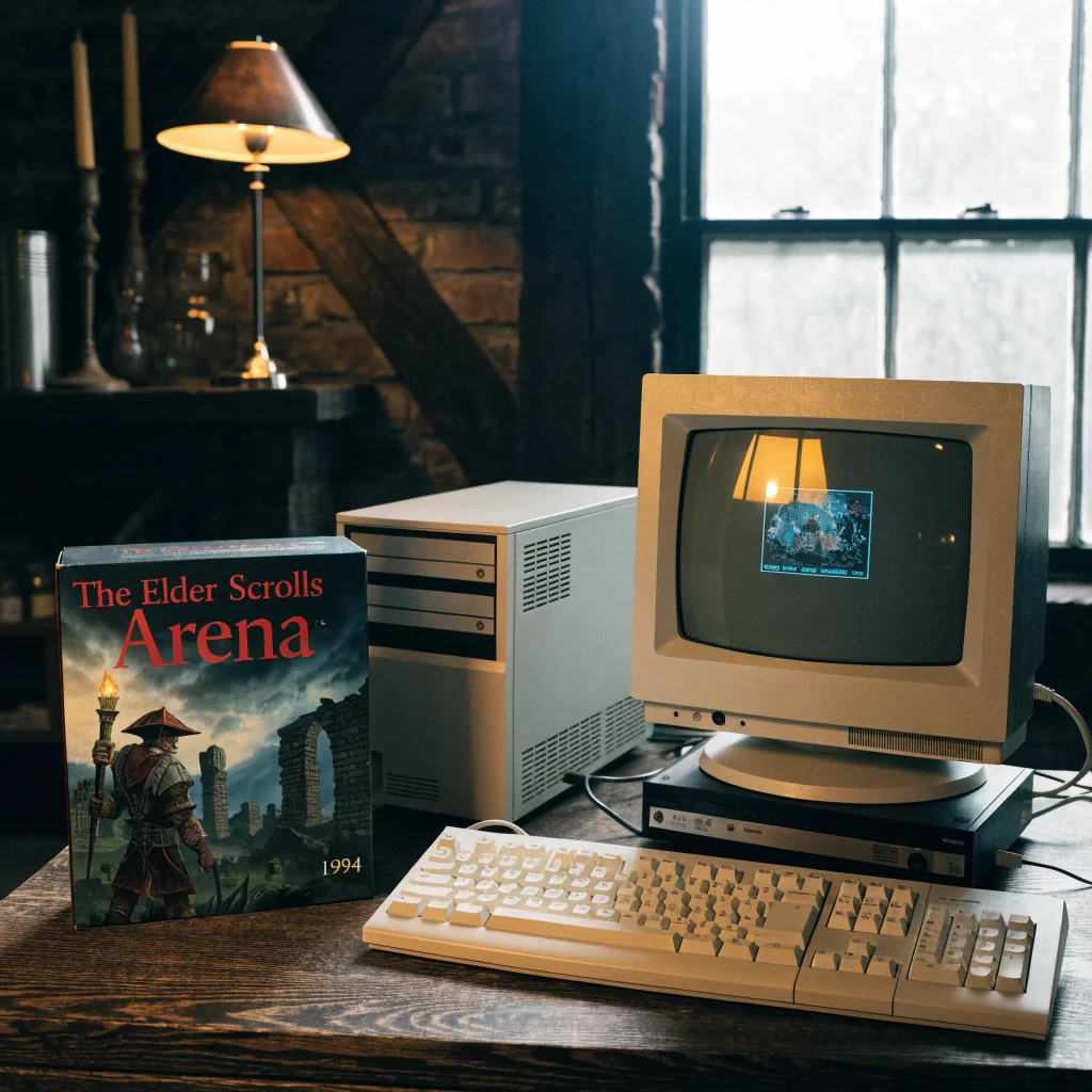 A realistic photo of the original 1994 The Elder Scrolls Arena video game box and a vintage PC setup showcasing early RPG games.