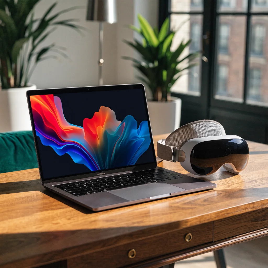 A sleek lightweight MacBook Pro with a vibrant OLED touchscreen display on a modern desk next to the Apple Vision Pro headset.