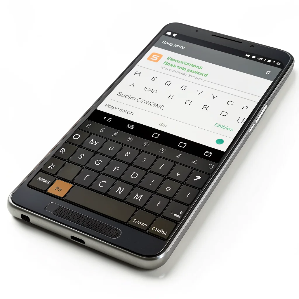 A realistic photo of an Android phone displaying the Unexpected Keyboard app with a custom QWERTY layout, Fn key functionality, and trackpad feature in use.