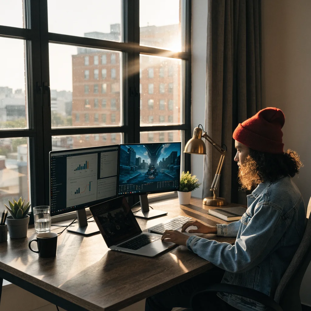 A professional workspace with dual monitors showing multitasking productivity and gaming on a MacBook setup with organized desk.