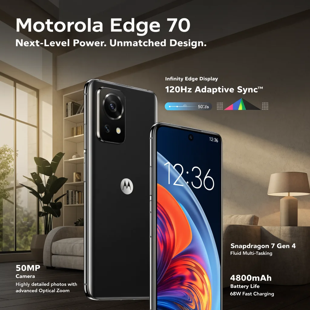 A sleek, slim Motorola Edge 70 smartphone with a 50MP camera and 4800mAh battery featuring 68W fast charging, showcasing Snapdragon 7 Gen 4 in a modern setting.