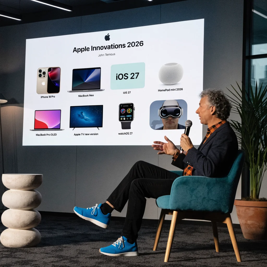 John Ternous presenting Apple’s 2026 innovations including iPhone 18 Pro, MacBook Neo, iOS 27, HomePod mini 2026, MacBook Pro OLED, Apple TV new version, watchOS 27, and Apple Vision Pro in a modern conference setting.