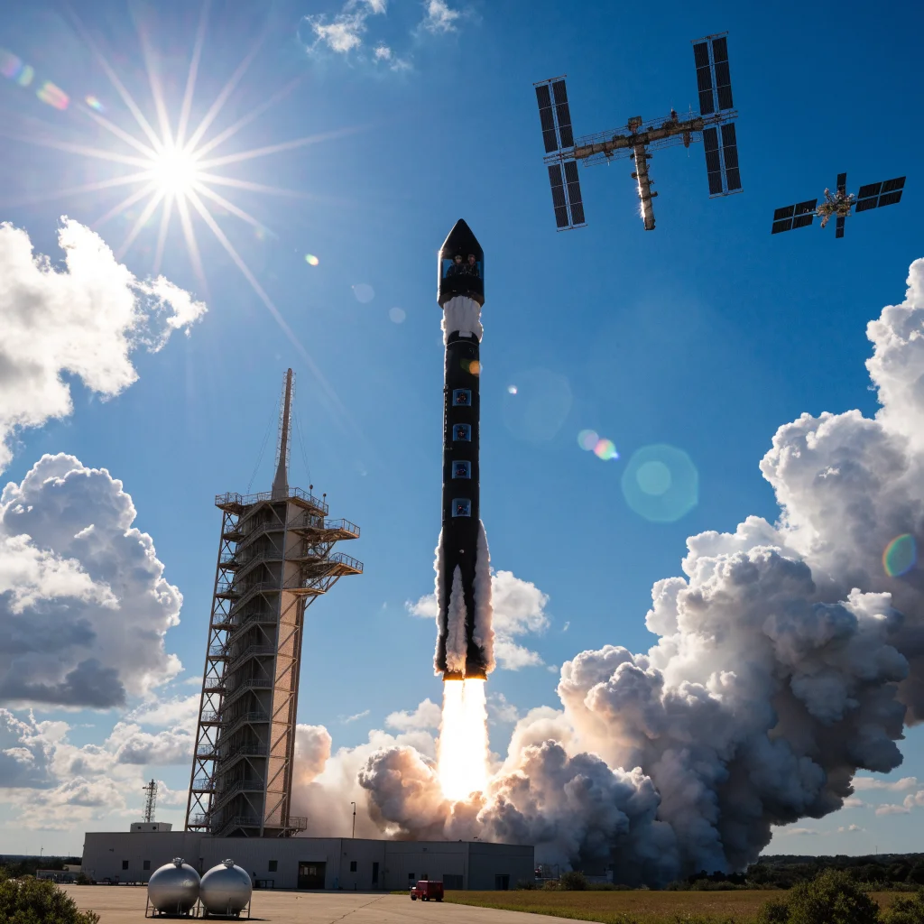 A realistic photo of NASA Crew-13 astronauts, including Jessica Watkins, launching aboard SpaceX from Cape Canaveral with the ISS and Artemis III mission in the background.