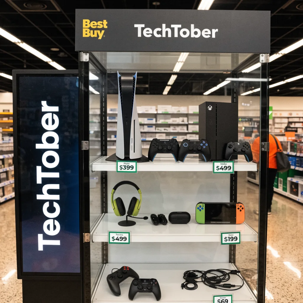 A realistic photo of a Best Buy TechTober sale display showcasing discounted PS5, Nintendo Switch 2, Xbox consoles, Turtle Beach Atlas 200 headset, and gaming accessories like Belkin charging cases and Hyperkin controllers.