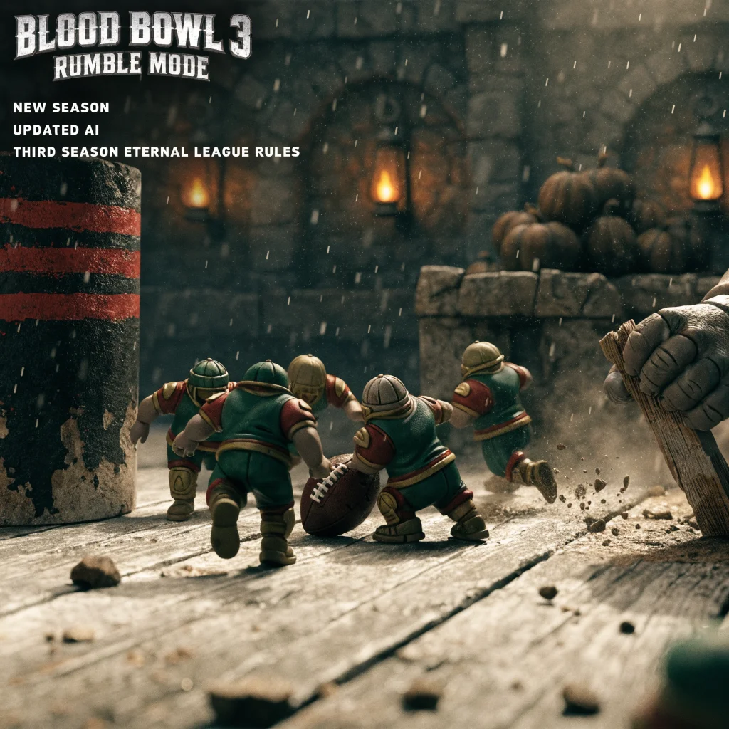 A dynamic Blood Bowl 3 Rumble Mode match featuring a Halfling team securing the ball with updated AI and third season Eternal League rules on a detailed tabletop.