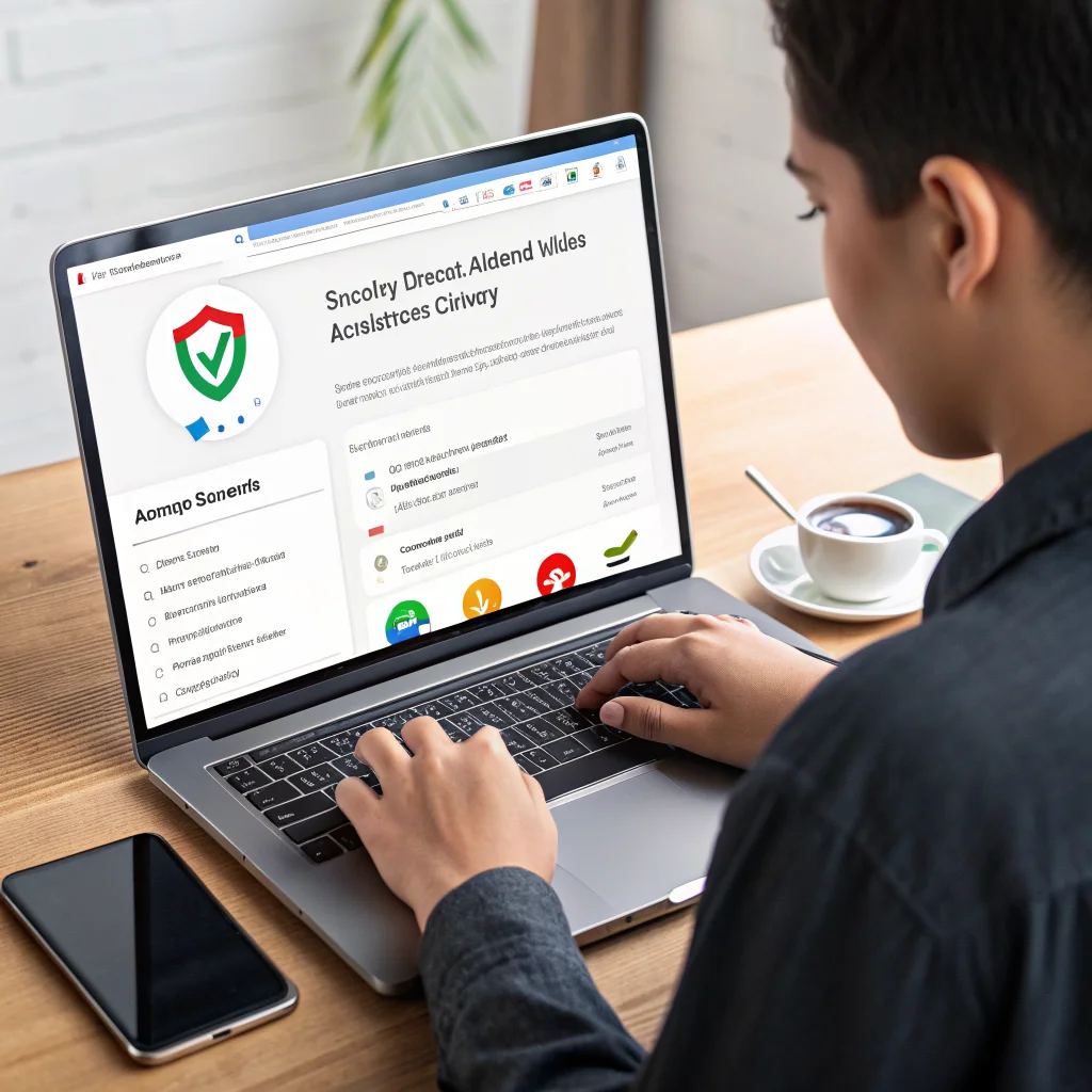A realistic photo of a person managing Google Chrome extensions permissions on a laptop, emphasizing privacy and security settings with Android Auto update notification visible.