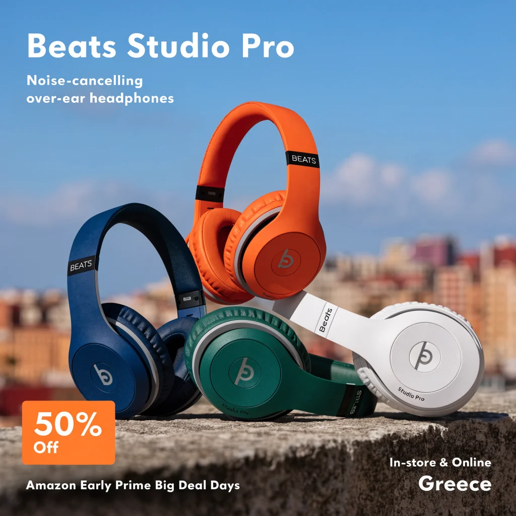 A realistic photo of Beats Studio Pro over-ear headphones in various colors displayed with a 50% discount tag during Amazon Early Prime Big Deal Days in Greece.