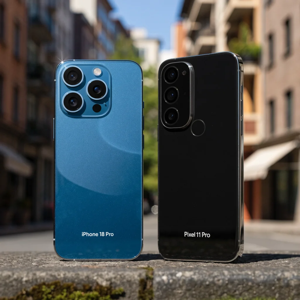 A realistic photo of the iPhone 18 Pro and Pixel 11 Pro smartphones side by side, showcasing their 2024 flagship designs and colors.