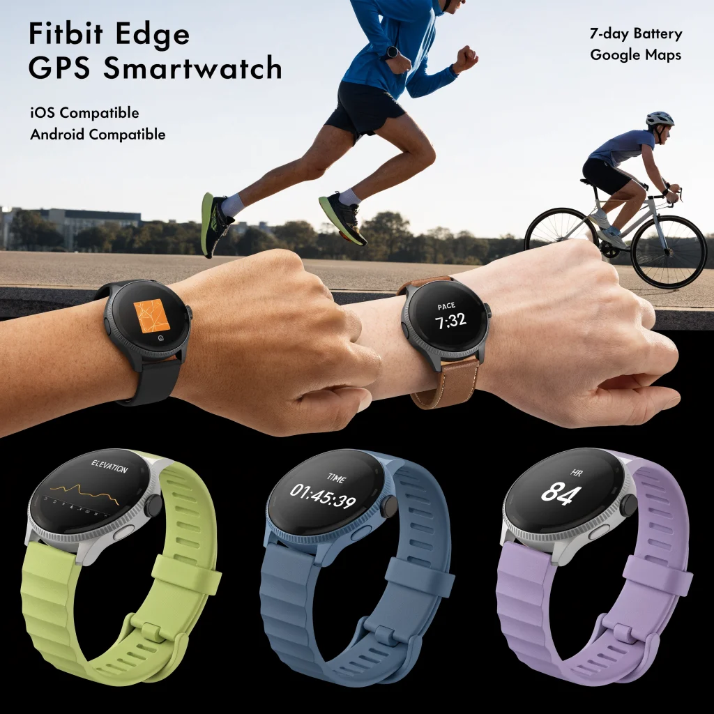A Fitbit Edge GPS smartwatch in various colors displaying fitness data, compatible with iOS and Android, featuring a 7-day battery and Google Maps support.