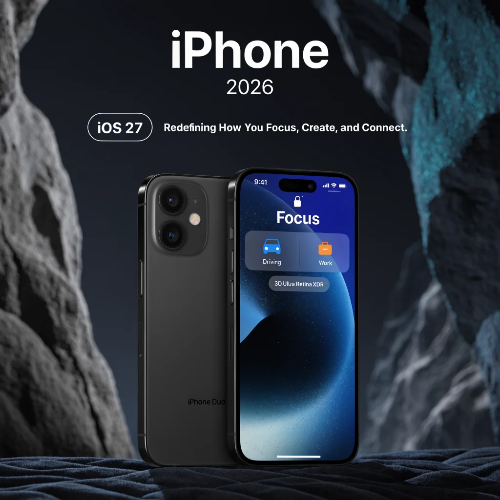 A realistic photo of an iPhone Duo running iOS 27 showing the new Focus feature on the lock screen during the Apple 2026 event.