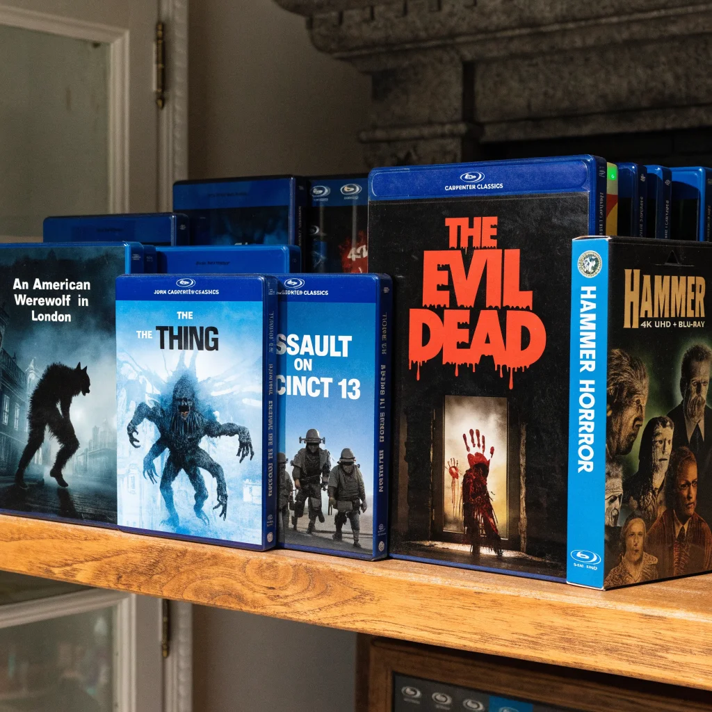 A collection of Blu-ray horror movies including An American Werewolf in London, John Carpenter classics, The Evil Dead 4K UHD, and a Hammer Horror box set on a shelf.
