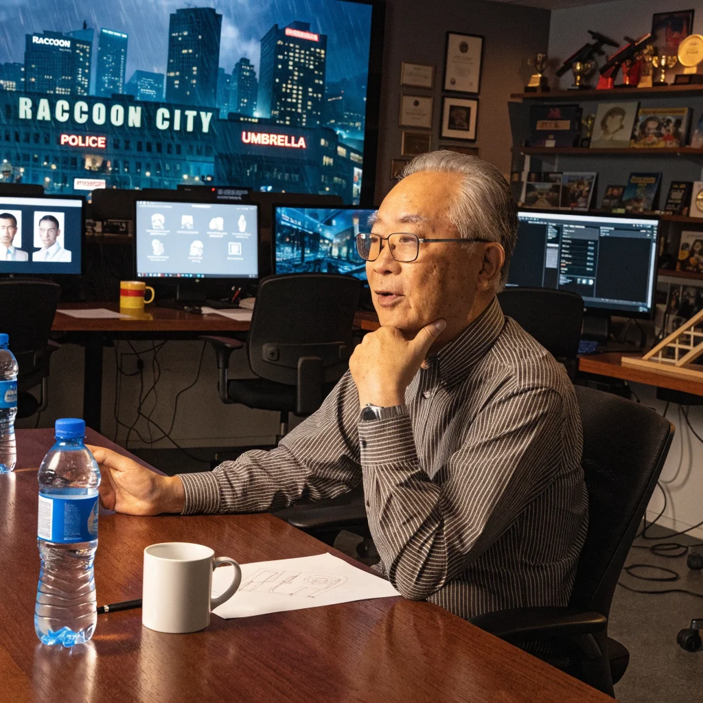 Jun Takeuchi discusses Resident Evil remakes and reboots with iconic characters and settings like Raccoon City and Umbrella in a modern game development studio.
