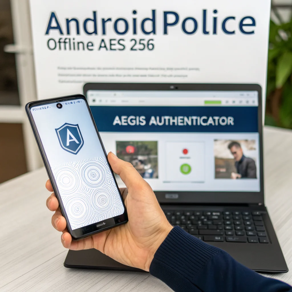 A person holding a smartphone displaying the Aegis Authenticator app interface with visible 2FA codes and a background showing an Android Police article about offline AES-256 encryption.