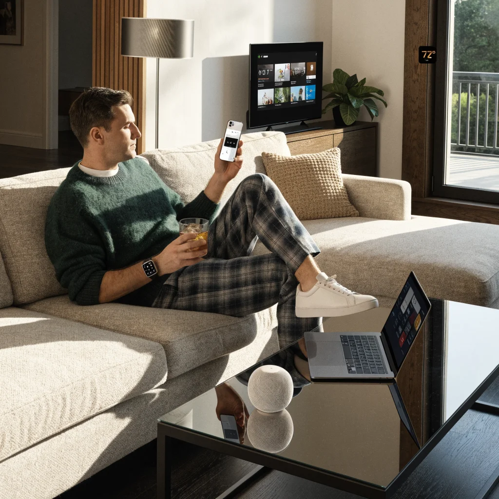 A realistic photo of a modern smart home with Apple devices like Apple TV 4K, HomePod mini, MacBook Neo, iPhone 17, and Apple Watch Series 11 in use.