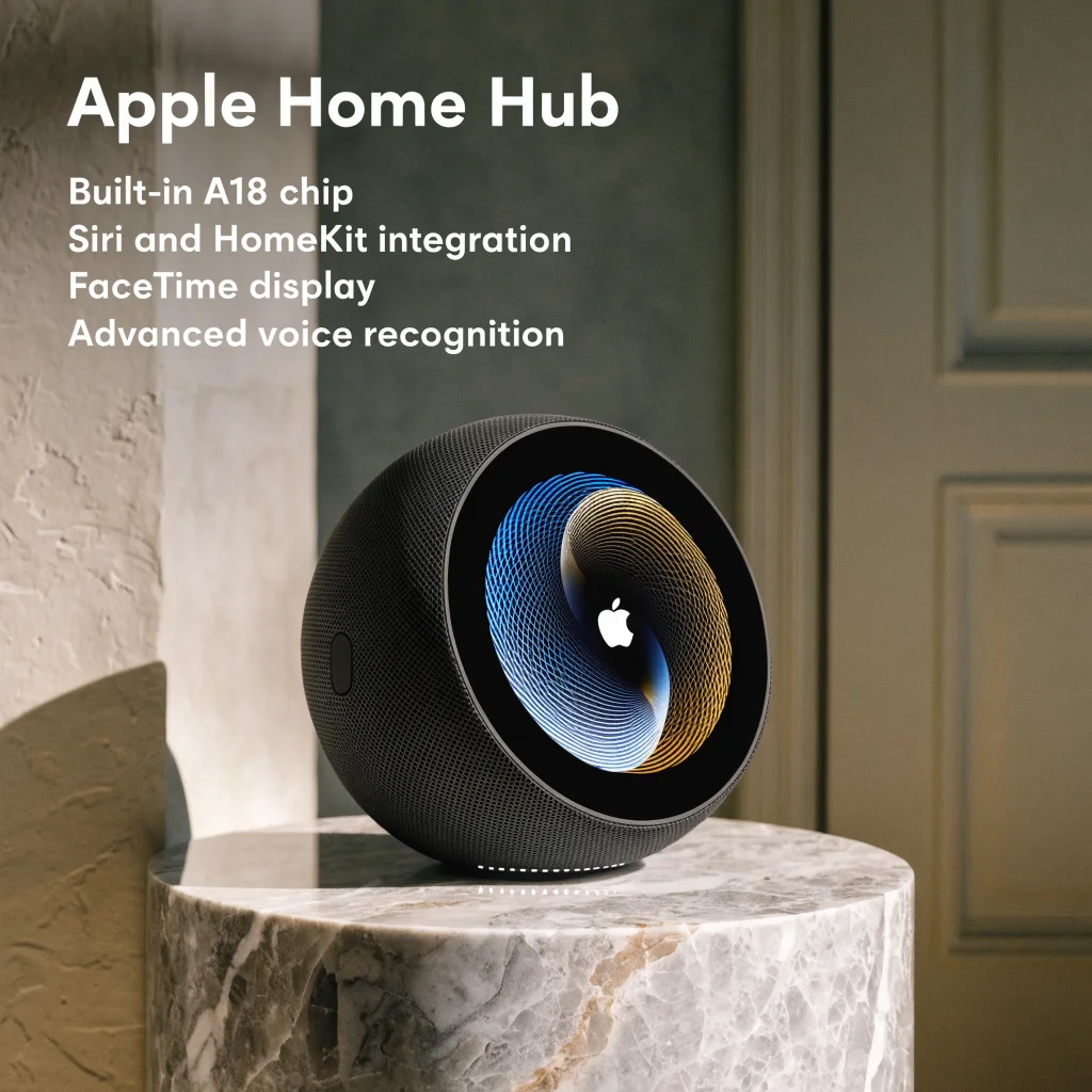 A sleek 6-inch Apple smart home hub with A18 chip, Siri HomeKit integration, FaceTime display, and voice recognition as a HomePod competitor.
