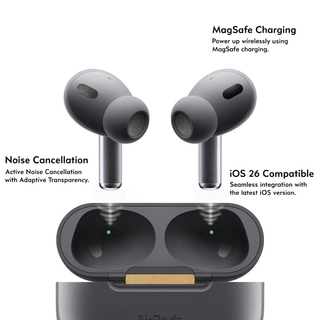 Close-up photo of Apple AirPods Pro 3 showcasing noise cancellation, MagSafe charging, and iOS 26 compatibility features on a clean white background.
