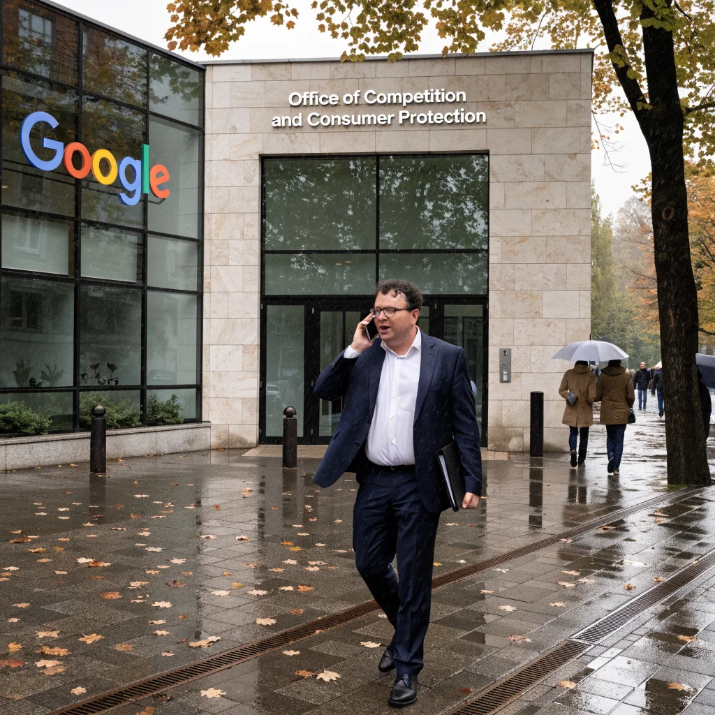 A photo of the Office of Competition and Consumer Protection building in Poland with the Google logo and Tomasz Chróstny speaking about antitrust investigations.