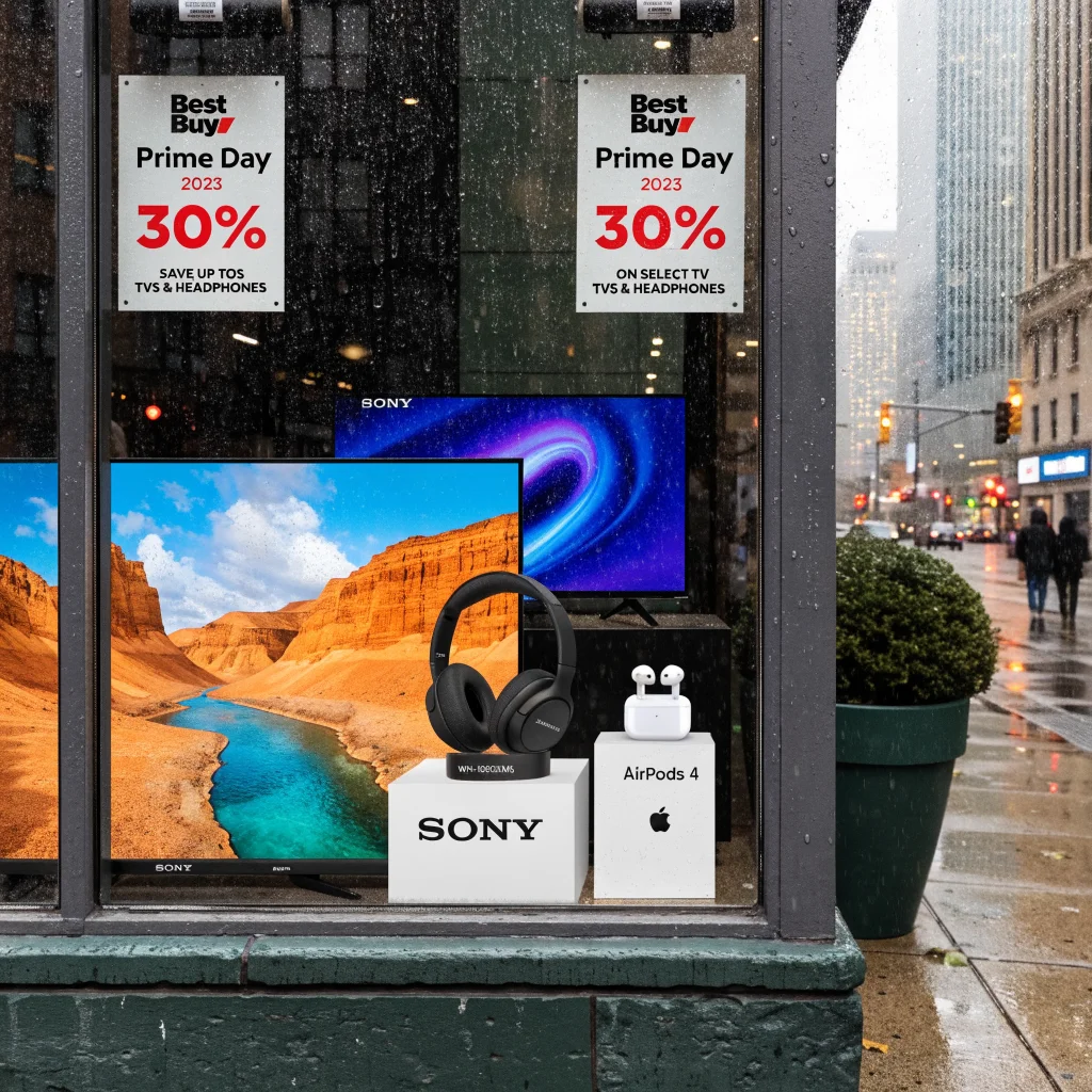 A realistic photo of 2023 Prime Day electronics sale showing Sony 4K Bravia TVs, WH-1000XM5 headphones, AirPods 4, and Best Buy discount signs.