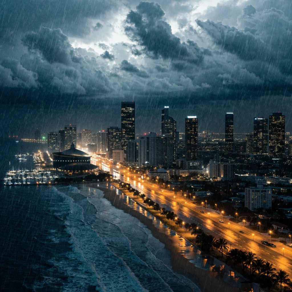 A realistic nighttime aerial photo of Miami Beach and Miami-Dade with NBA Miami Heat arena, capturing Vice City vibe from Grand Theft Auto 6's Night in Vice City campaign.