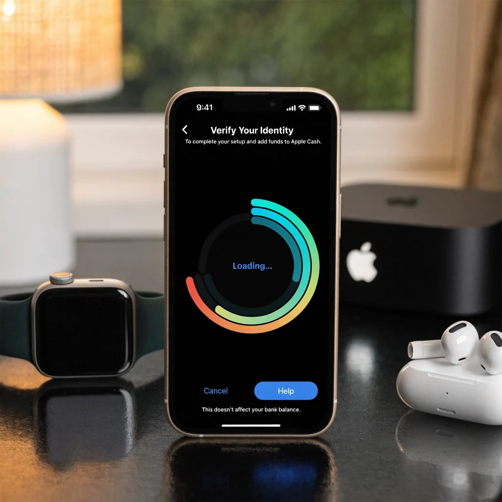 A close-up photo of an iPhone 17 screen displaying Apple Cash verification and loading, with Apple Watch Series 11, AirPods Pro, and Apple TV 4K in the background.