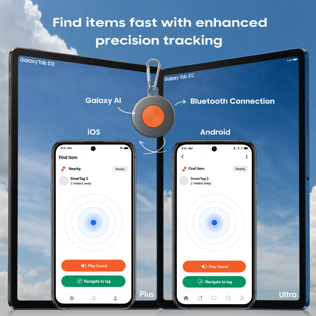 A Samsung SmartTag 3 device shown tracking on both iOS and Android smartphones with Galaxy Tab S12 Plus and Ultra in the background.